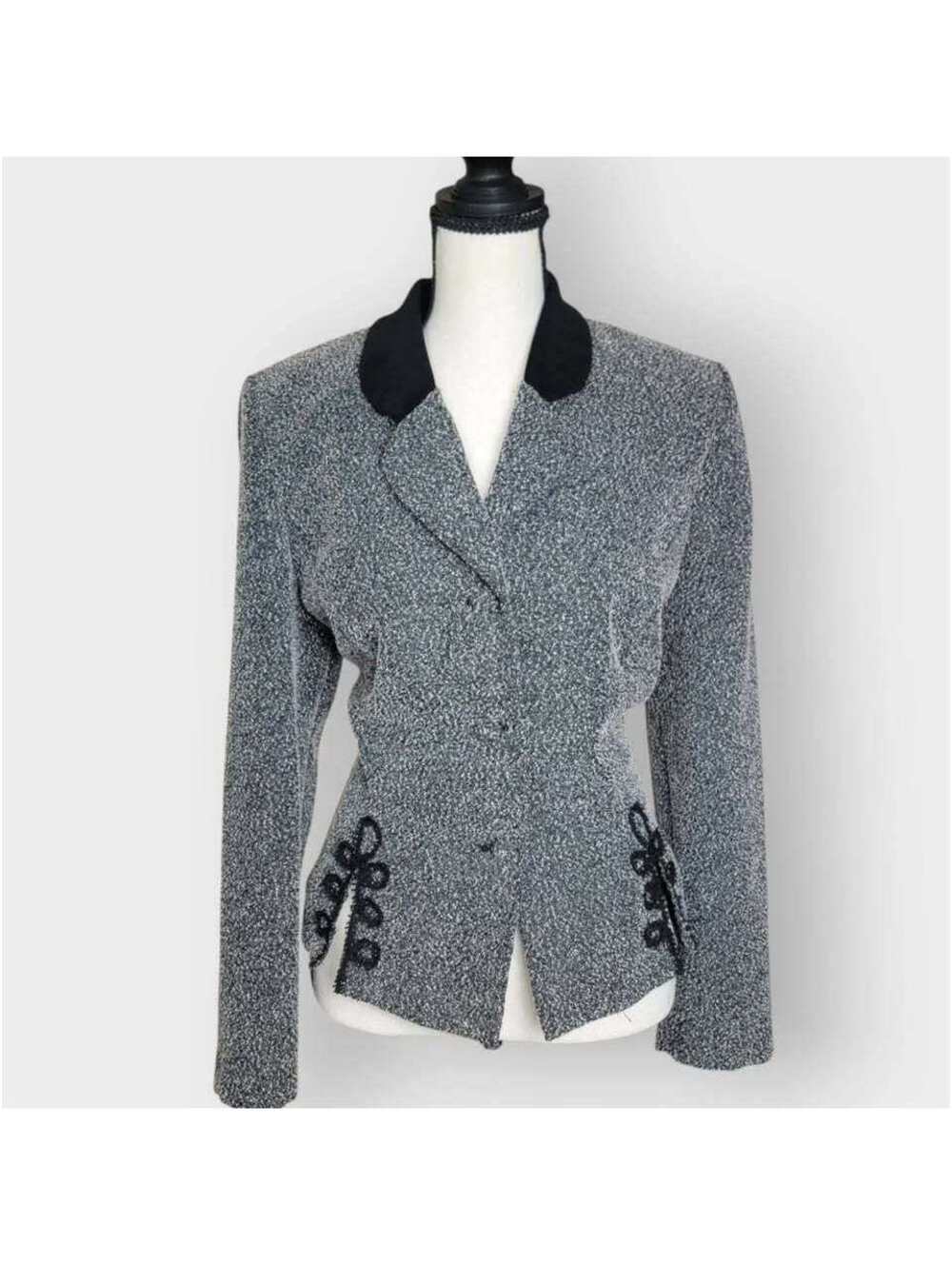 Vintage Koret Gray Tweed Blazer Jacket Women Size 10 Black Velvet Collar